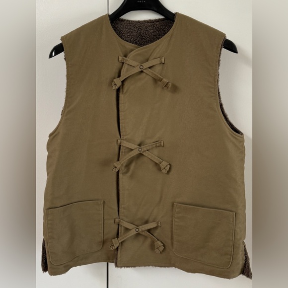 CHIMALA Reversible Cotton Twill And Faux Shearling Gilet Green Vest Army Craig - Picture 5 of 8